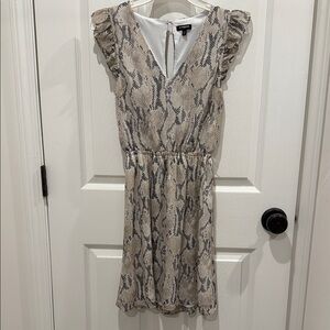 Express Beige Snake-Print Ruffle Sleeve Mini Dress